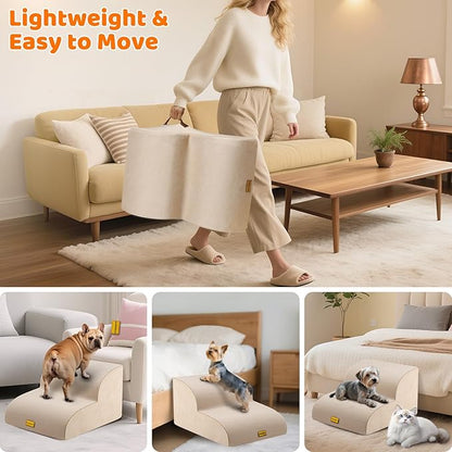 Gimars Extra Wide Sturdy 30D High Density Foam 2-Step Dog Stairs for Sofa, Pet Stair for Small Medium Dog Beige