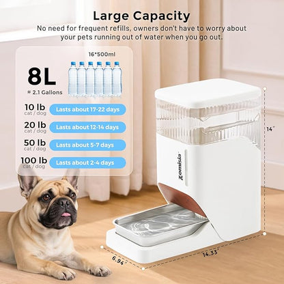 ZOMISIA Automatic Dog Water Dispenser 8L with Stainless Steel Bowl, Gravity Large Capacity Water Bowl for Dogs, 2 Gallon Pet Waterer 100% BPA Free, Black