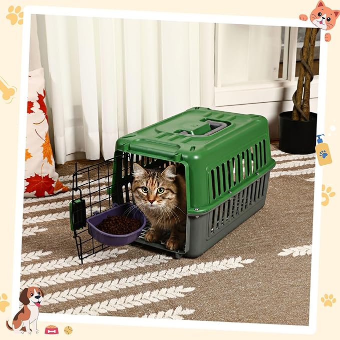 2 Set Travel Pet Carriers for Small Cat Dog Plastic Hard Shell Carrier Cat with Bowl Wire Door Grille Mat Portable Breathable Security Lock Puppy Kennel for Travel Airline, 17.5", up to 13lbs(Green)