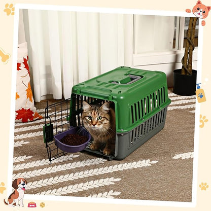 2 Set Travel Pet Carriers for Small Cat Dog Plastic Hard Shell Carrier Cat with Bowl Wire Door Grille Mat Portable Breathable Security Lock Puppy Kennel for Travel Airline, 17.5", up to 13lbs(Green)
