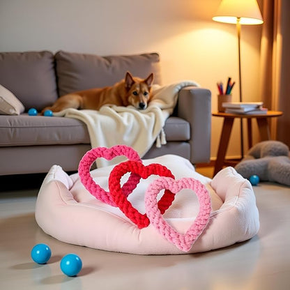 Cute Dog/Cat Chew Toys, Heart-Shaped Chew Toys,Cotton Rope Teething Toy for Puppies, Creative Love Heart Shaped Interactive Rope Dog Toys, Cotton Puppy Teething Chew Tug Toy (Pink and Red)