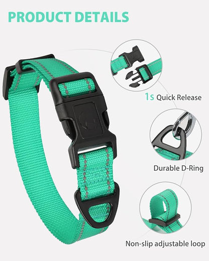 Joytale Dog Collars for Medium Dogs, Comfortable Double-Sided Reflective Nylon Collar for Night Safety, Adjustable Quick-Release for Active Pets, Teal, M (1" Width)