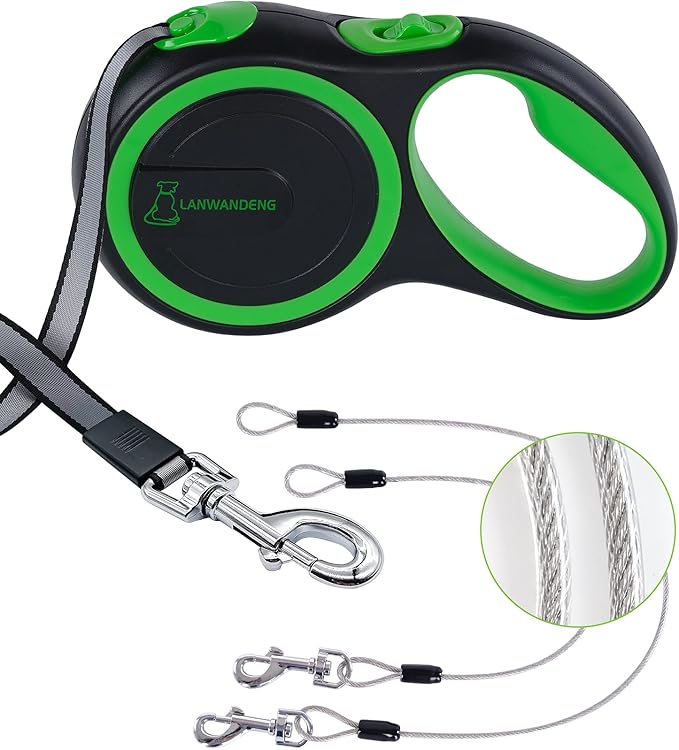 26FT Long Chew Proof Retractable Dog Leash with 2 Heavy Duty Anti-Chewing Wire Ropes, 360° Tangle-Free Dog Lead with Anti-Slip Handle for Small/Medium/Large Dogs Green