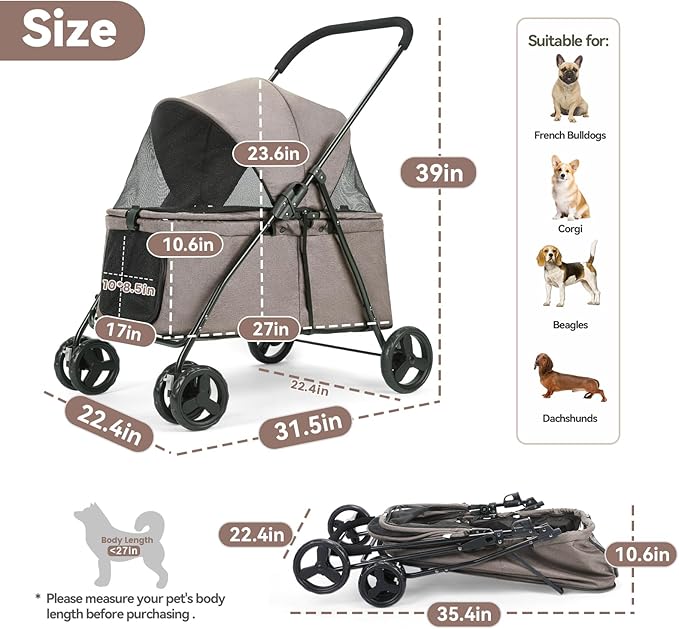 20% Larger Capacity, Wedyvko Dog Stroller for Medium/Small Pets w/Dog Poop Bags & Dispenser, Storage Pouch, Zipperless, Entry in/Out Easy (Coffee)