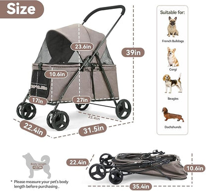 20% Larger Capacity, Wedyvko Dog Stroller for Medium/Small Pets w/Dog Poop Bags & Dispenser, Storage Pouch, Zipperless, Entry in/Out Easy (Coffee)