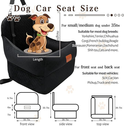 Dog Car Seat-Booster Car Seats with 7''Interior Height,Pet Travel Carseat with 2 Safety Leashes,Cars Dog Seat Restraint Small/Medium Dogs up to 35 lbs,Detachable Washable,Easy to Install(H-Black)