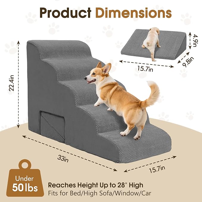 Dog Stairs for High Beds 20-24 inches Tall, 5-Step Dog Steps for Bed for Small Dogs, Doggie Ramp for Bed, 30D Foam Pet Stairs for Old Dogs/Cats for Bedsides Climbing, Free-Installation, Grey