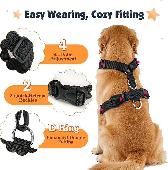 Pawaboo Dog Seat Belt Harness for Car, Dog Car Harness Seatbelt with Double Clips, Adjustable Breathable Pet Vest & Dogs Safety Tether with Elastic Bungee for Small Medium Large Pet, XL, Orange/Black