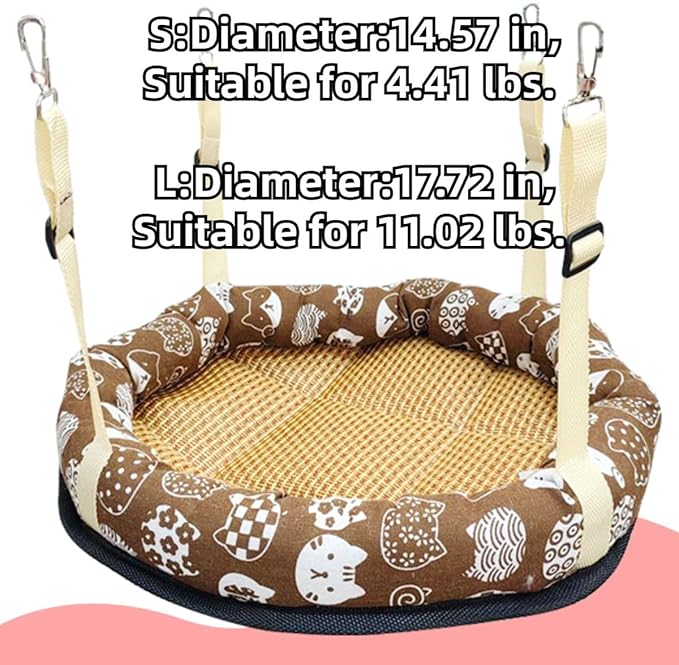 Hanging Cat Bed with Rattan Mat and Cotton Pad Cat Swing Hammock for Cage Kitten Cage Pet Hammock Ferret Bed Desk Accessories Indoor Hanging Bed Kitten Puppy Rabbit Bunny (Round-Pink,Small)