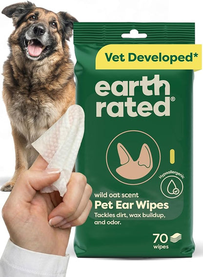 Earth Rated Dog Ear Wipes, Vet-Developed Pet Ear Wipes for Dogs & Cats, Hypoallergenic Cleaner to Remove Dirt and Wax, Wild Oat Scent, 70 Count