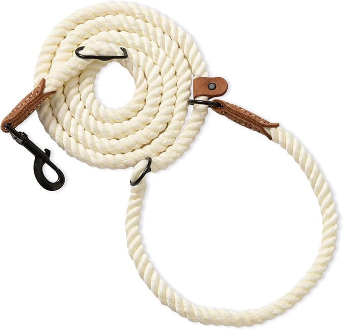 Mile High Life Hands Free Dog Leash, Crossbody Waist Leash with Genuine Leather Connection, Multifunctional Adjustable Slip Lead for Dog Walking Running (Cream, 7FT)