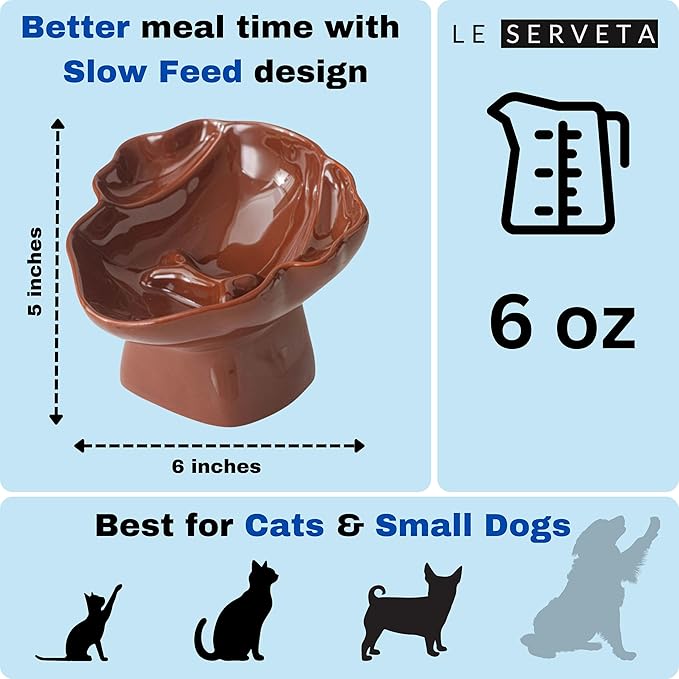 Ceramic Raised Pet Slow Feeder Bowl, Elevated Cat and Dog Slow Feeder, Decorative Standing Doggy Design, Anti-Slip Base, Anti-Vomiting (Brown)