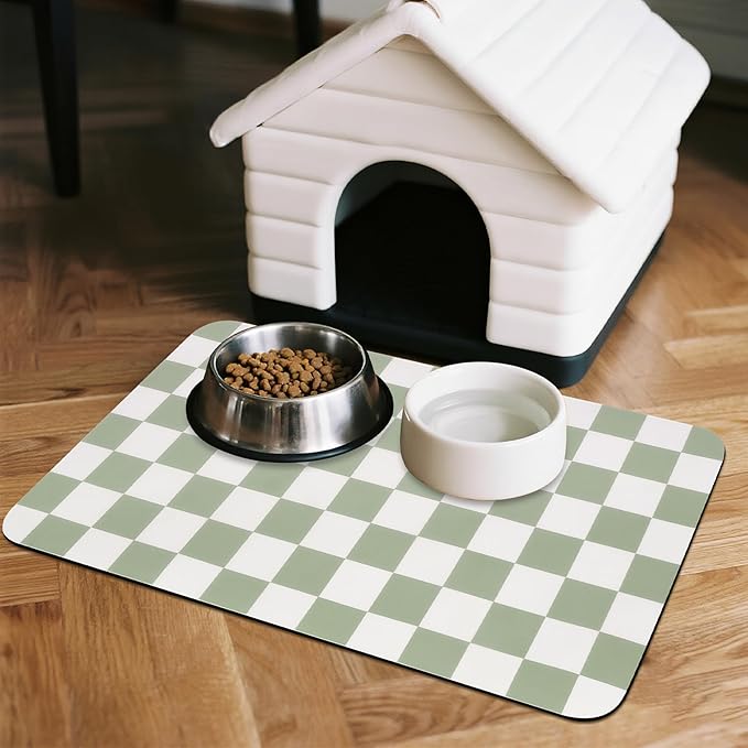 Checkered Dog Food Mat, Absorbent Leak-Proof Pet Feeding Mat, Quick Dry Cat Food Mat for Messy Drinkers 12" x 20" Green