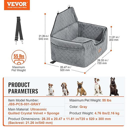 VEVOR Dog Car Seat, Dog Booster Seat for Car with A Storage Pocket, Pet Seat with Clip-On Safety Leash, Sponge Filling, Bed for Medium & Large Dogs up to 55 lbs, Gray