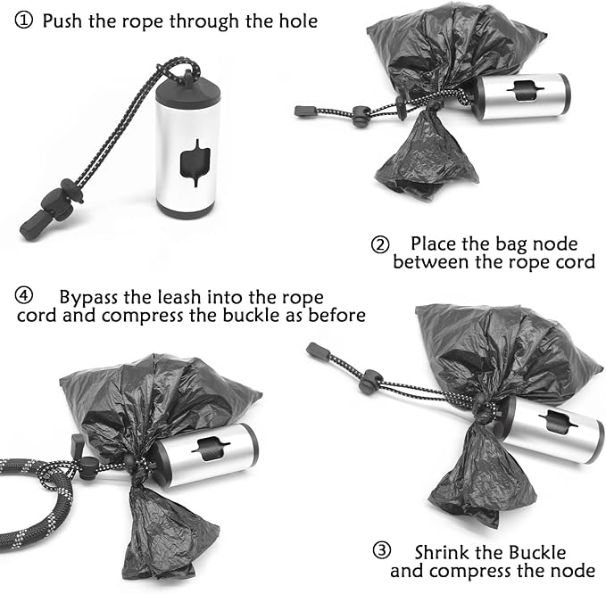 Aluminum Dog Poop Bags Holder with Carabiner Metal Pet Waste Bags Dispenser with Hook and Loop Fastener and Elastic Cord to Carry Used Bags (Silver)