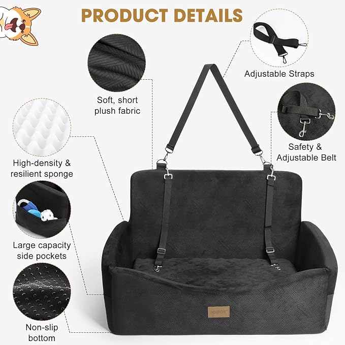 JOEJOY Dog Car Seat for Large Medium Sized Dogs Under 55 lbs, Dog Booster Seat for 2 Small Dogs with Detachable Washable Cover, Memory Foam Pet Car Seat with 2 Safety Belts and Storage Pockets