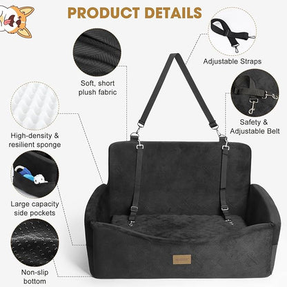 JOEJOY Dog Car Seat for Large Medium Sized Dogs Under 55 lbs, Dog Booster Seat for 2 Small Dogs with Detachable Washable Cover, Memory Foam Pet Car Seat with 2 Safety Belts and Storage Pockets