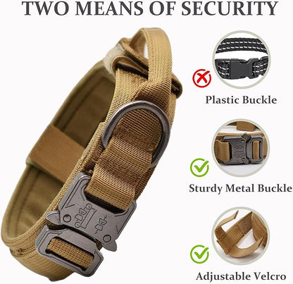 Tactical Dog Collar, Adjustable Military Training Nylon Dog Collar with Control Handle and Heavy Quick-Release Metal Buckle for Small Medium Large Dogs, Brown S