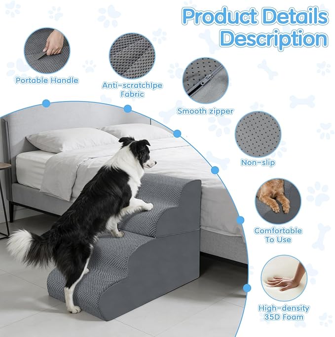 4-Step Dog Stairs, 19.8 Inch High Pet Steps for Small Dogs and Cats, Non-Slip Indoor Pet Ramp, Grey