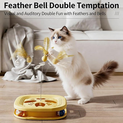 Interactive Cat Toys for Indoor Cats, 2-in-1 Kitten Toys with Balls & Feathers, BPA-Free Safe Material, Non-Slip Base, Sturdy and Durable (Yellow)
