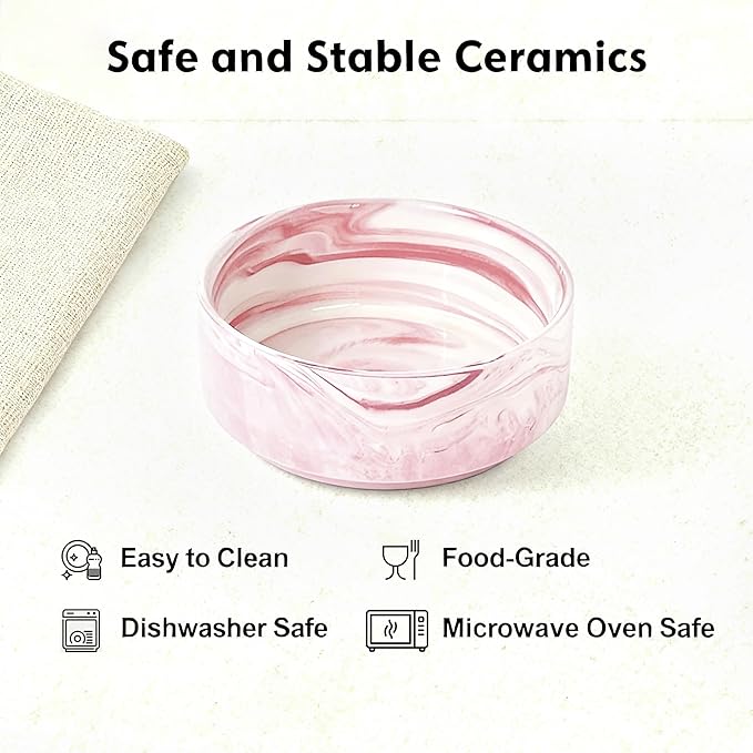 Elevated/Raised Ceramic Dog Bowl with Bamboo Stand,Marble Pattern 6 Inch 3.6 Cups Non Slip Heavy Weighted Single Pet Dish, for Small Medium Breed & Cats,Reduces Neck Strain Marble Pink