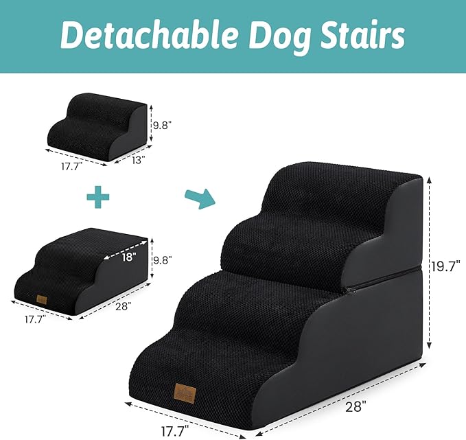 Detachable Curved Dog Stairs 19.7" H, 4 Step Small Dog Step for Puppy or Older Cat, Ramp for Bed, Sofa, Couch or Chair, Ladder with High Density Foam, 17.7x28.3x19.7 inch, Black