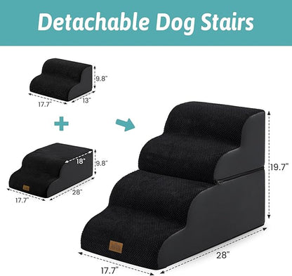 Detachable Curved Dog Stairs 19.7" H, 4 Step Small Dog Step for Puppy or Older Cat, Ramp for Bed, Sofa, Couch or Chair, Ladder with High Density Foam, 17.7x28.3x19.7 inch, Black