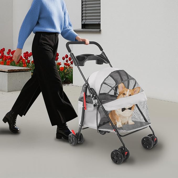 Foldable Pet Stroller w/Lockable Brakes,40lbs Capacity Ventilated Mesh Carrier Cart for Small Medium Dogs & Cats,Dog Stroller (Light Gray)