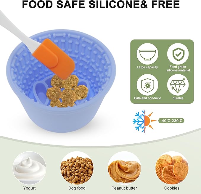 Slow Feeder Dog Bowls, Silicone Dog Lick Bowl with Brush & Scraper, Non-Slip Base Slow Feeder for Anxiety Alleviating & Oral Health, Sky Blue