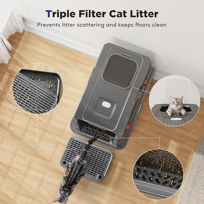 FURTIME Stainless Steel Litter Box with Lid, Large Enclosed Cat Litter Box for Big Cats, Metal Cat Box with High Sided Enclosure & Scoop, Front & Top Entry, Odor Free, Anti-Leakage, Grey