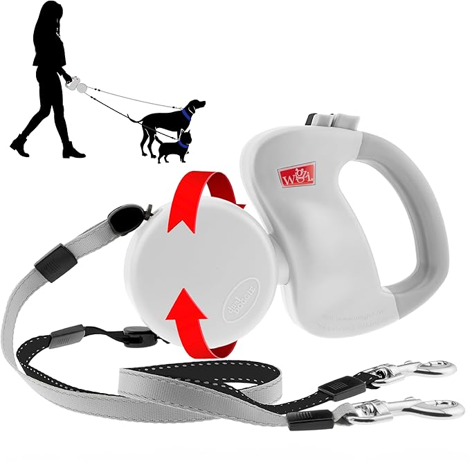 WIGZI - 2025 Enhanced Edition - Dual (2) Dog Retractable Leash, Auto-Untangles, Supports Up to 50lb Dogs, 10ft Distance Each Dog, Color-Coded Control, Reflective Leads, Waterproof (White)