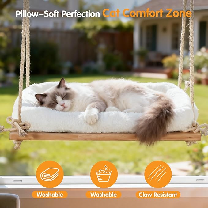 Cat Window Perch, Rustic Cat Hammock Bed with Solid Wood Seat 4 Heavy Duty Suction Cups, Plush Cushion, Indoor Pet Window Hammock for Cats for Large Cats (XL)
