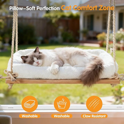 Cat Window Perch, Rustic Cat Hammock Bed with Solid Wood Seat 4 Heavy Duty Suction Cups, Plush Cushion, Indoor Pet Window Hammock for Cats for Large Cats (XL)