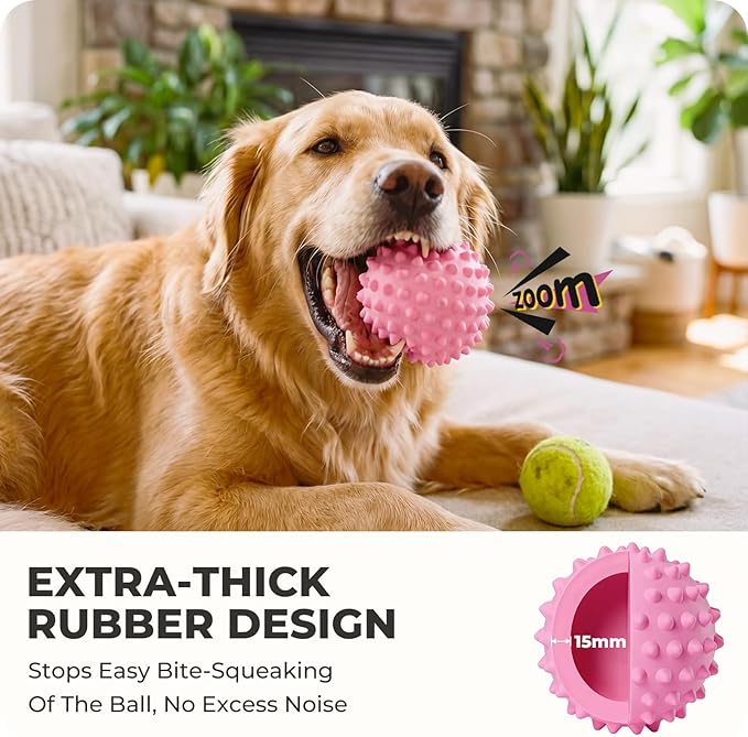 Apasiri Bacon-Flavored Squeaky Balls for Dogs: 3.5Inch Durable Rubber Bouncy Dog Balls for Aggressive Chewers, Spiky Floating Dog Balls for Large & Medium Dogs, Dog Birthday Gift, Pink Easter Dog Toys