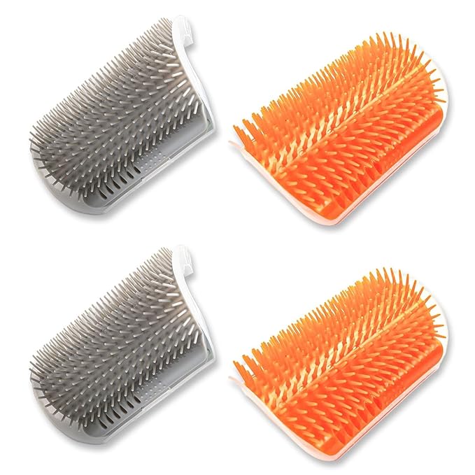 Cat Self Groomer – Wall Corner Grooming Brushes for Cats and Small Pets – Soft Silicone Massage Brush for Shedding Control and Face Rubbing (2 Orange + 2 Gray)
