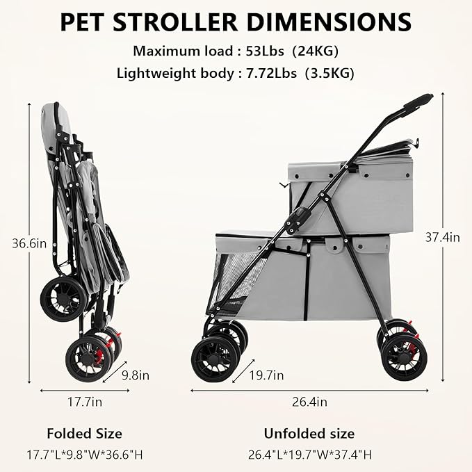 Double Pet Stroller for Medium Small Dogs and Cats with 2 Carriage, Durable Universal Wheels with Brakes Lightweight One Hand Foldale Kittens Puppies Travel Strolling Cart (Gray)