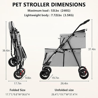 Double Pet Stroller for Medium Small Dogs and Cats with 2 Carriage, Durable Universal Wheels with Brakes Lightweight One Hand Foldale Kittens Puppies Travel Strolling Cart (Gray)