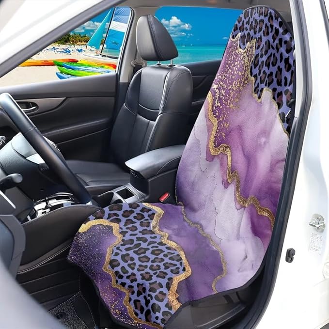 Coldinair Purple Leopard Waterproof Towel Car Seat Covers,Marble Print Beach Sweat Car Seat Protector Front Seats Only Universal Fit for Trucks