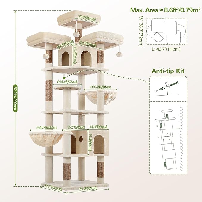 Globlazer Cat Trees and Towers for Multiple Adult Cats, 82-inch XXL Tall Cat Tree Tower for Indoor Cats with Scratching Post, 3 Perches, 2 Condos, 2 Hanging Baskets, F82, Beige