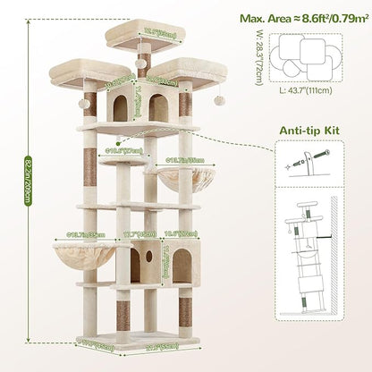 Globlazer Cat Trees and Towers for Multiple Adult Cats, 82-inch XXL Tall Cat Tree Tower for Indoor Cats with Scratching Post, 3 Perches, 2 Condos, 2 Hanging Baskets, F82, Beige