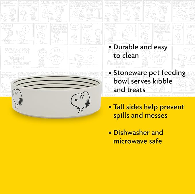 Peanuts Snoopy Dog Bowl with Bone Design – 6.5" Stoneware Water or Food Bowl for Small to Medium Dogs – Cute Cartoon Pet Dish, Durable & Easy to Clean