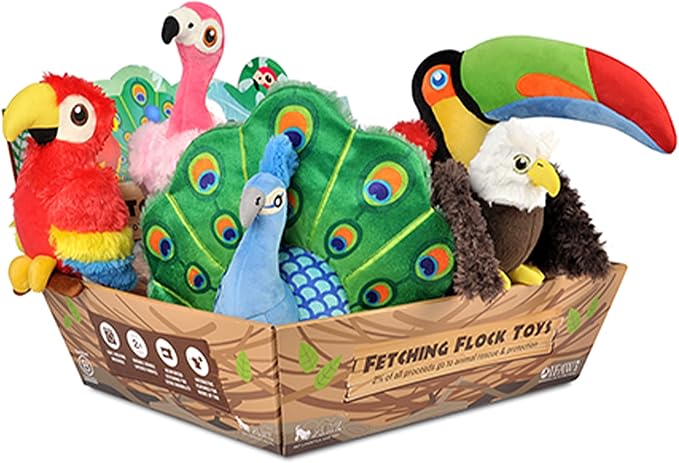 P.L.A.Y. Cute Plush Dog Toys - Fetching Flock, Bird Themed Durable Plush Squeaker Chew Toy, Great for Puppies & Small, Medium, Large Dog Breeds - Machine Washable, Recycled Materials (5 Piece Set)