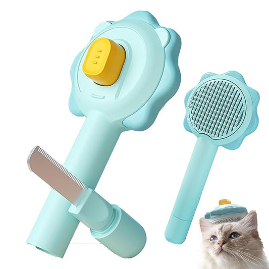 Cat Brushes for Indoor Cats, 2 in 1 Self-Cleaning Slicker Brush with Open Knot for Long & Short Haried Cats, Kitten, Puppy and Large Dogs, Blue