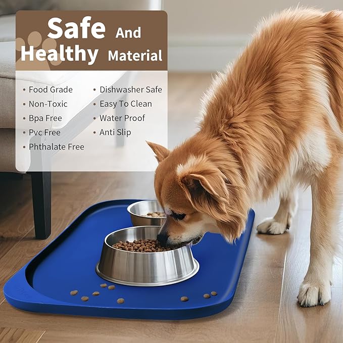 Silicone Pet Food Mat with Raised Edge for Food and Water Bowl, Dog Feeding Mats, Cat Food Trays for Floor Waterproof, Rubber Tray for Dogs and Cats, 22 x 14 x 0.8 Navy Blue