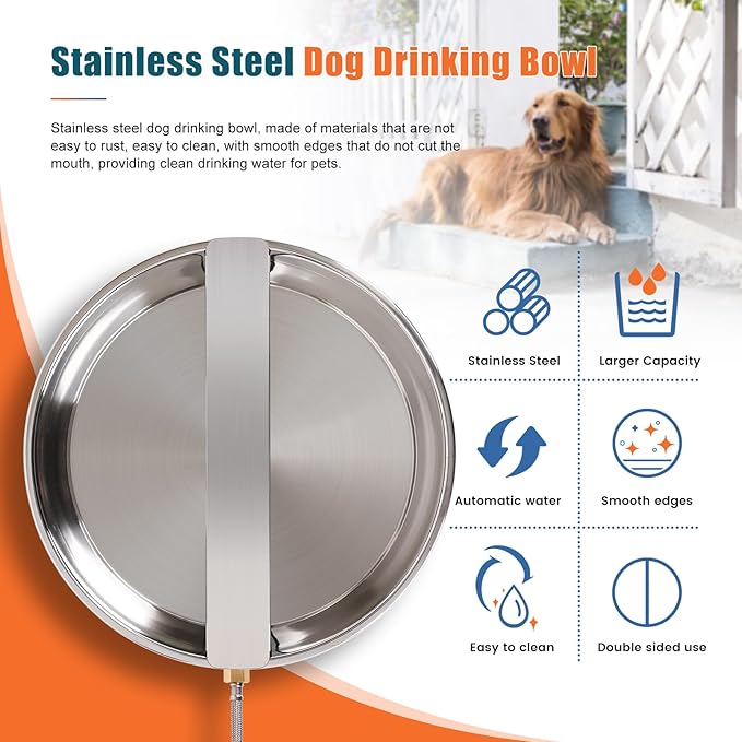 Automatic Dog Water Bowl Dispenser Large Breed Outdoor Stainless Steel Pet Waterer with Float Valve Auto Fill Dog Waterer for Large Dogs Cats Chicken Livestock