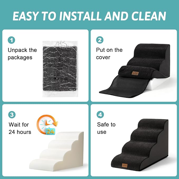Wide Dog Stairs for Small Dog 15.7" H, Pet Step for Puppy, Older Cat, Curved Ramp for Couch, Durable Anti-Slip Ladder with High Density Foam, 3 Step, 17.7x22.4x15.7 inch, Black
