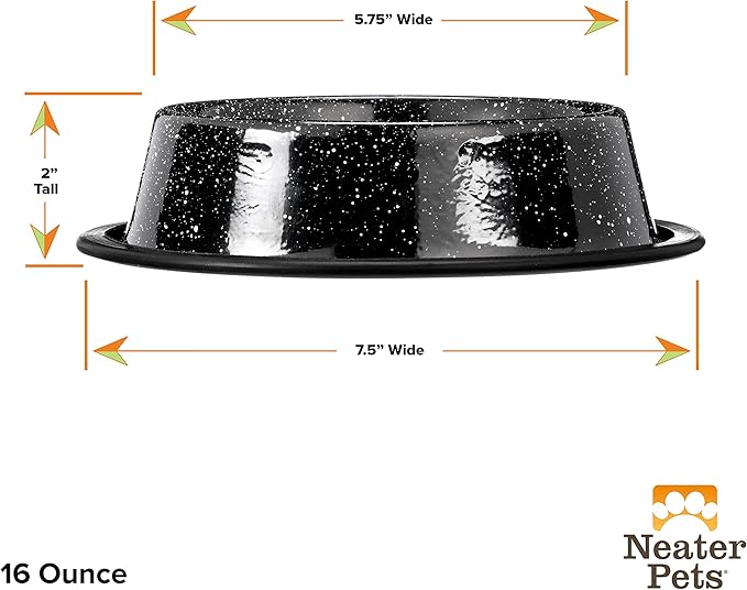Neater Pet Brands - Outdoor Camping Style Pet Bowl - Enamel Ware Blue Black Granite Colors - Dog Cat No Tip Skid Bowls (16 oz, Black)