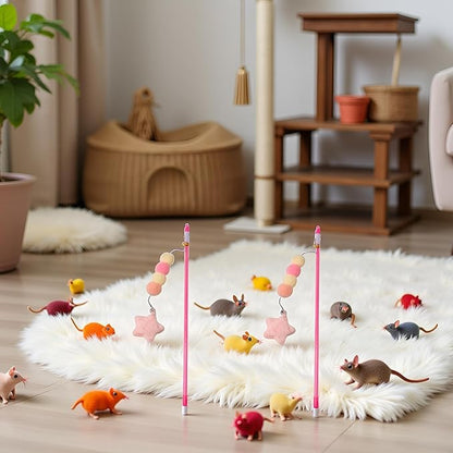 2 Pcs Pink Cat Stick Toy Elastic Rope Plush Ball Star Pendant Bite-Resistant Comfortable Grip Relieve Boredom Handmade Kitten Teaser Wand Cat Mice and Animals Toys Pet Supplies