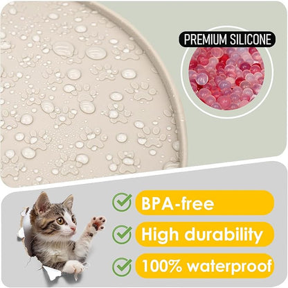 Pet Feeding Mats for Food and Water, Waterproof Anti-Slip Placemats for Dog Cat Bowl, 1 Pack Silicone Pet Food Mat, Dishwasher Safe 10.9 × 10.9 (1 Beige, Small Paws)