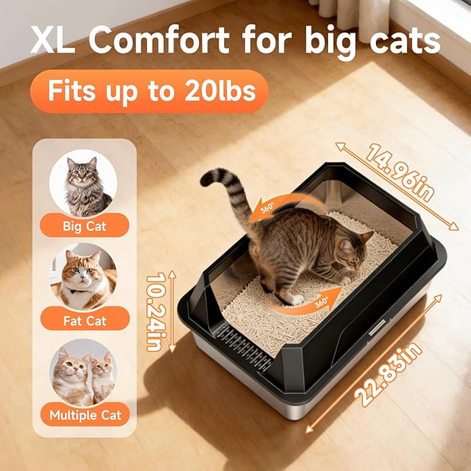 Stainless Steel Litter Box with High Sides Lid, XL High Sided Cat Litter Pan, Open Top Extra Large Metal Cat Litter Box, Non-Stick Leakproof, Litter Scoop Included, Black